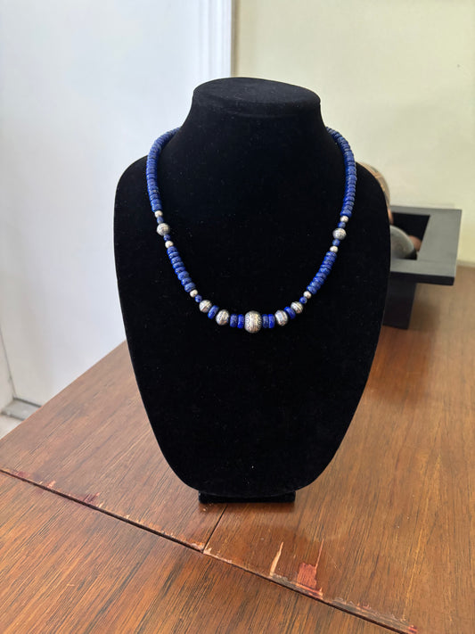 21” Lapis Lazuli Rondelle Necklace with Graduated Navajo Pearls