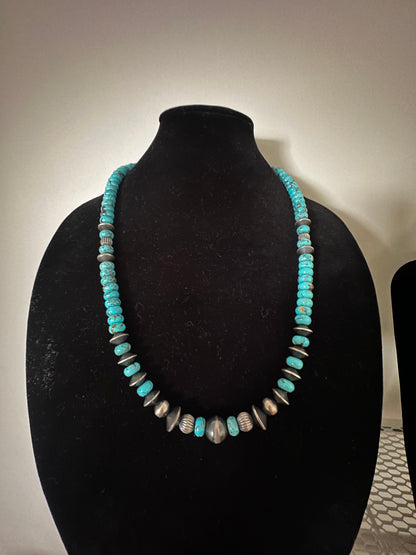 24” Turquoise Necklace with Sterling Silver Pearls & Saucers