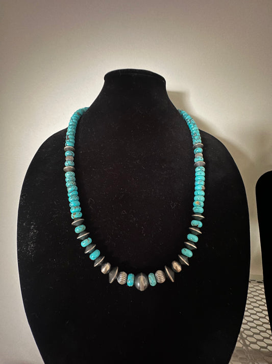 24” Turquoise Necklace with Sterling Silver Pearls & Saucers