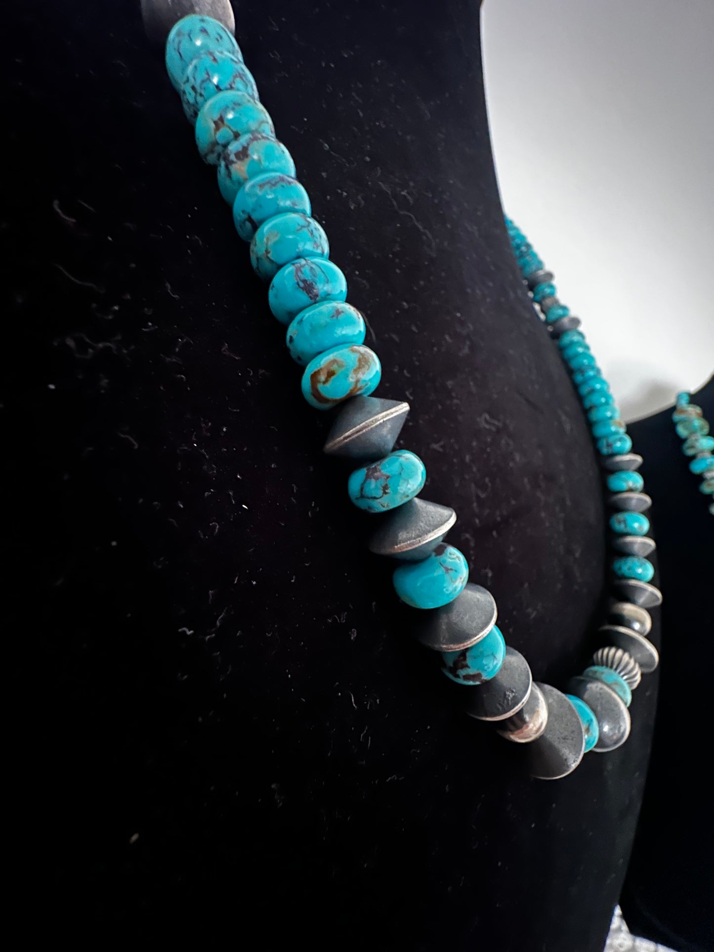 24” Turquoise Necklace with Sterling Silver Pearls & Saucers
