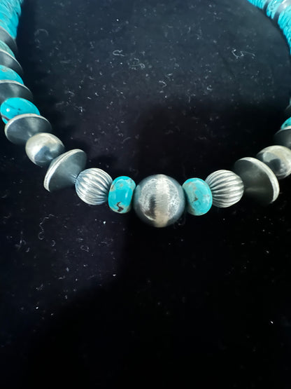 24” Turquoise Necklace with Sterling Silver Pearls & Saucers