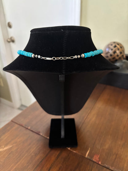 16” Lone Mountain Turquoise & Navajo Pearl Necklace with Buffalo Center Disc
