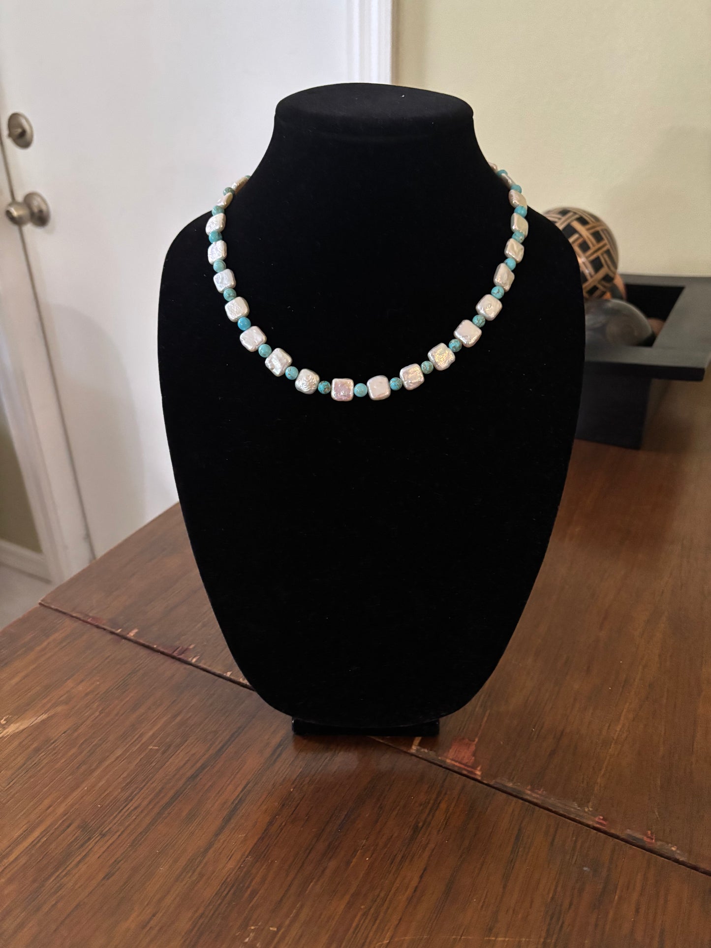 19” Blue Lone Mountain Turquoise & Freshwater Pearl “Chiclet” Necklace