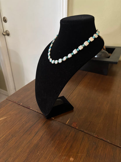 19” Blue Lone Mountain Turquoise & Freshwater Pearl “Chiclet” Necklace