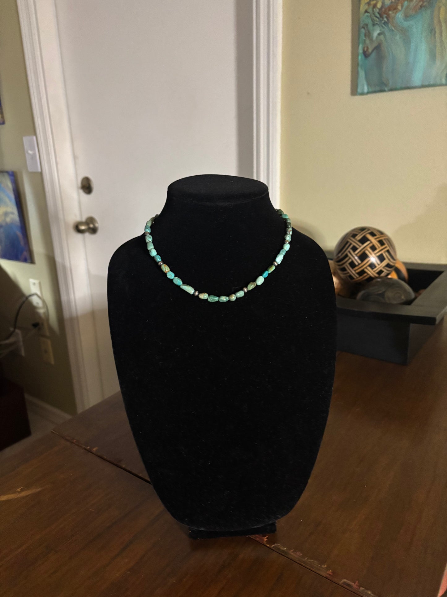 16” Sage Green Turquoise Nugget Necklace with Mustang Silver Pearl Accents