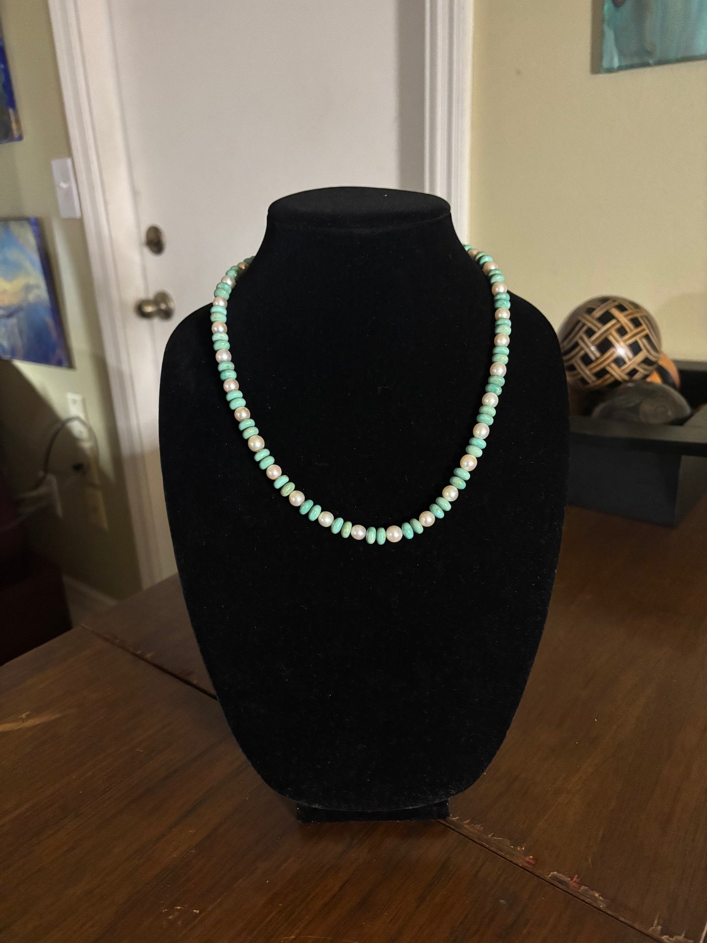 20” Sage Green Kingman Turquoise & Freshwater Pearl Necklace