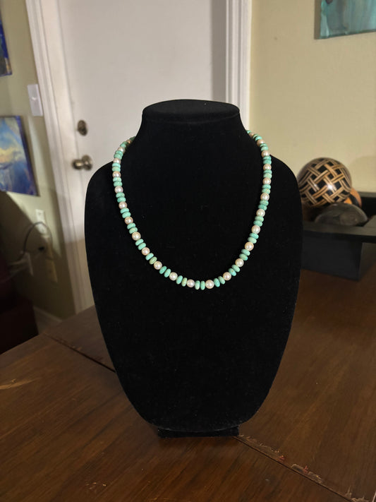 20” Sage Green Kingman Turquoise & Freshwater Pearl Necklace