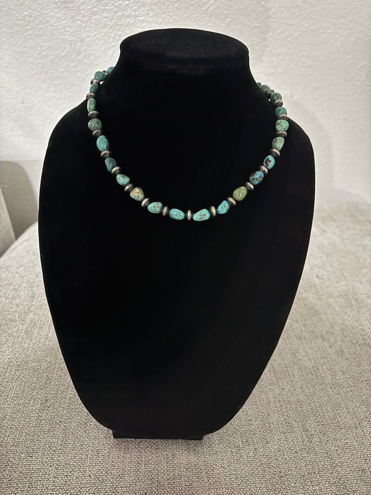 16” Lone Mountain Turquoise Nugget Necklace with Mustang Silver Spacers