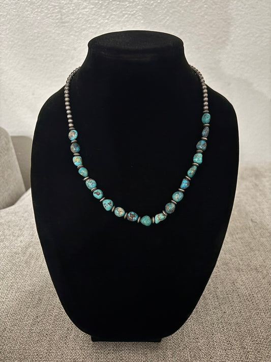 19” Lone Mountain Turquoise Necklace with Saucer Pearls & Silver Rounds