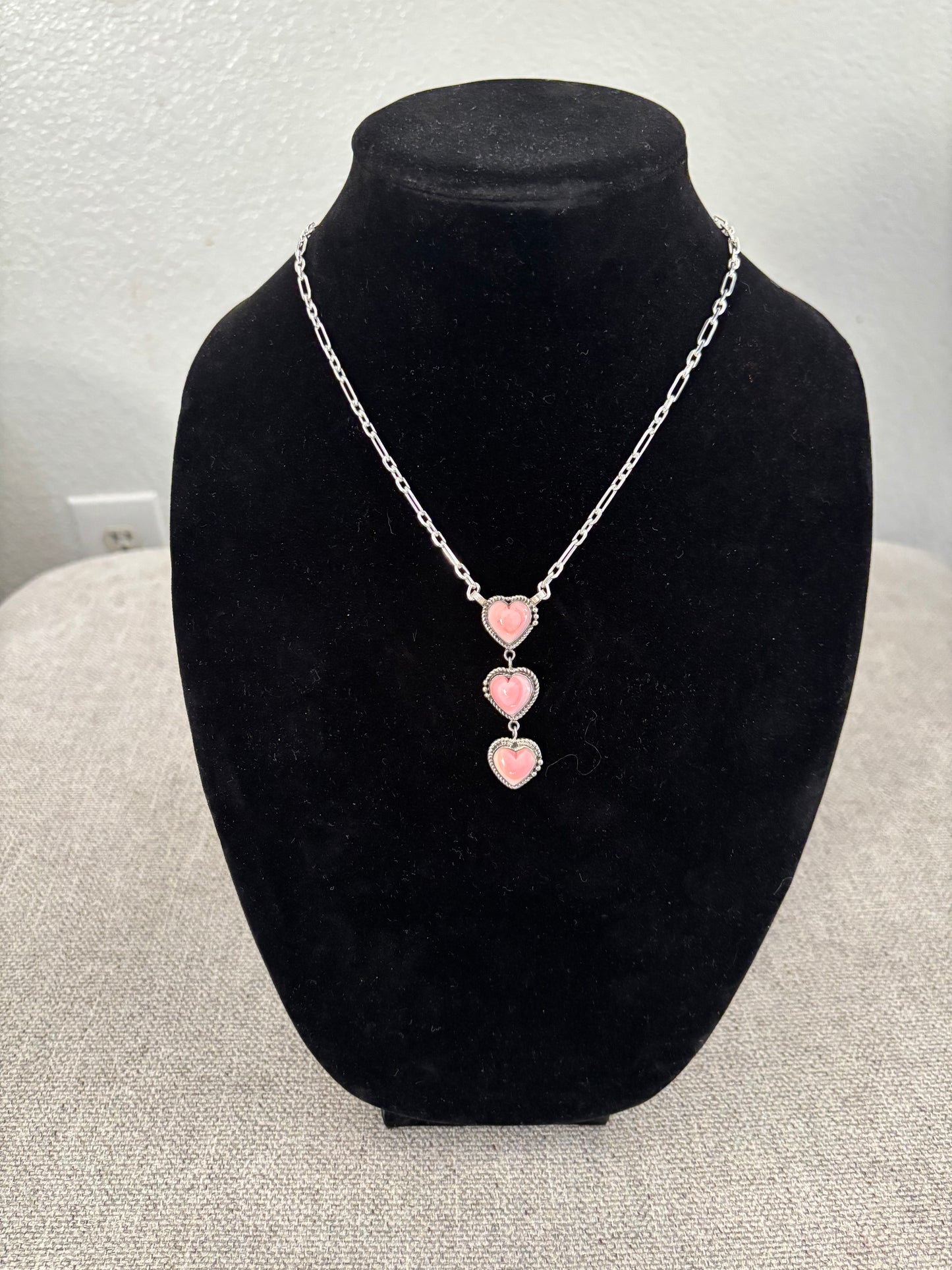 17” Three-Stone Vertical Heart Pendant Necklace