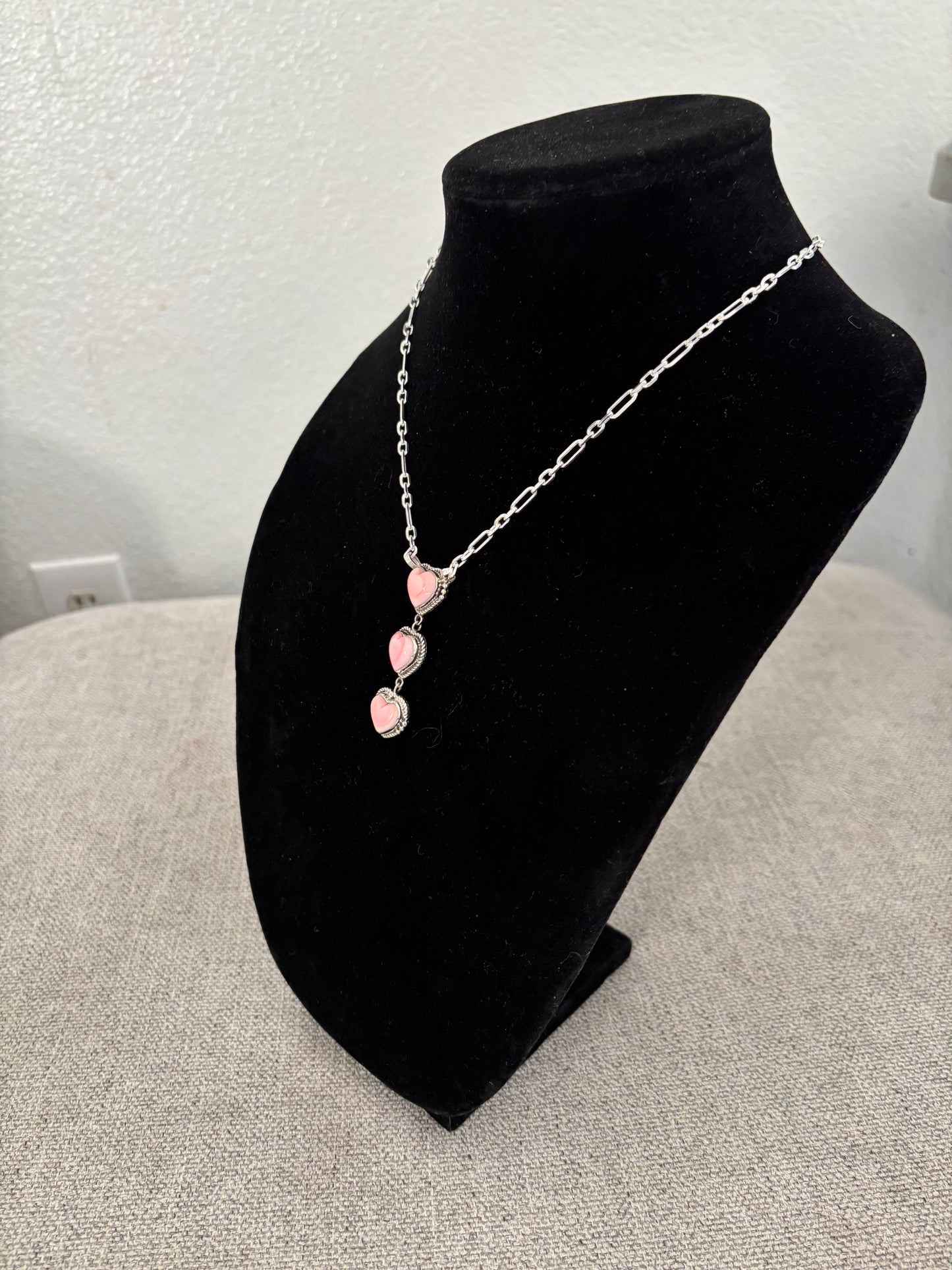 17” Three-Stone Vertical Heart Pendant Necklace