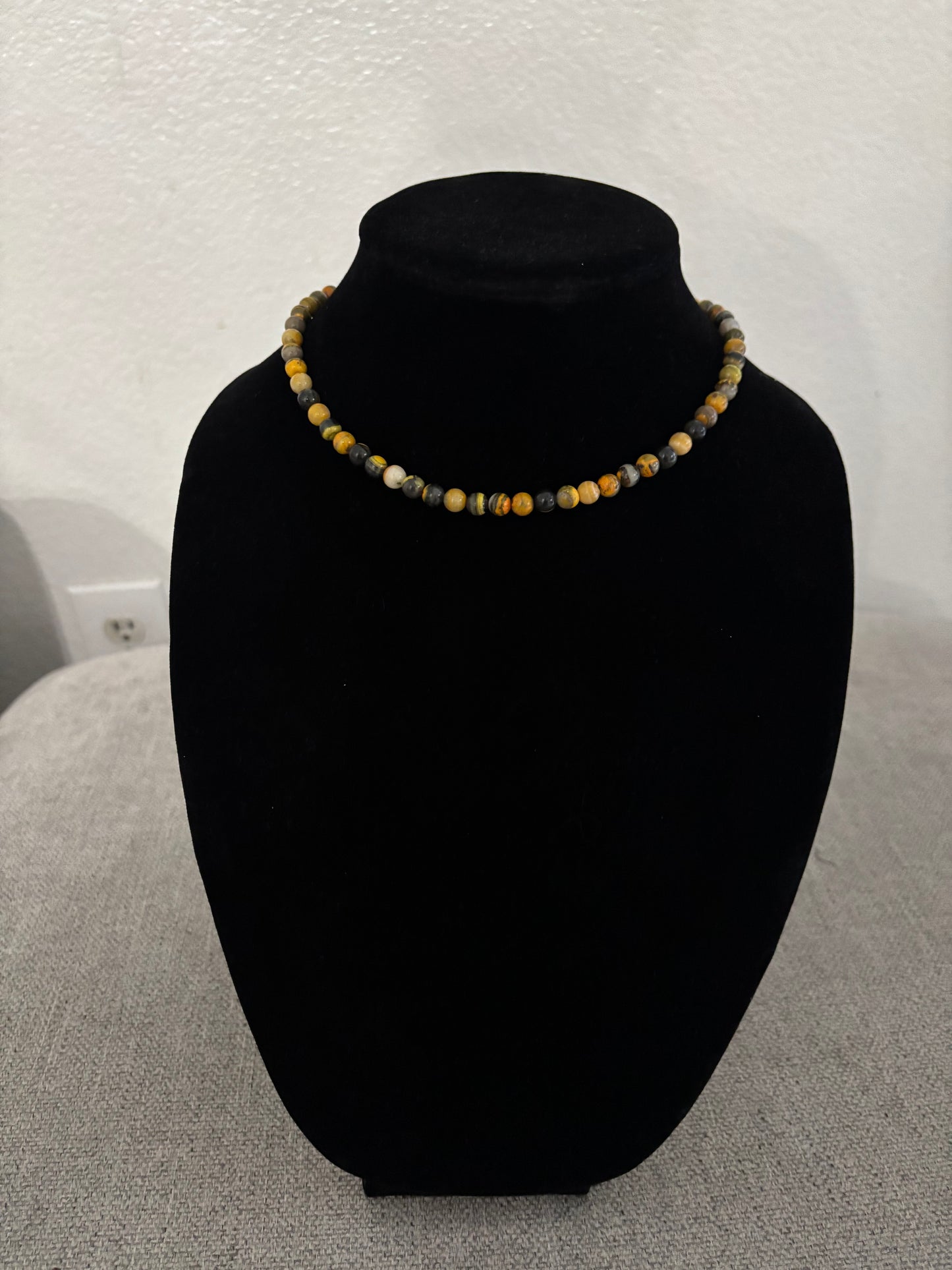 13” Bumblebee Jasper Beaded Necklace with Sterling Silver Pearl Ends