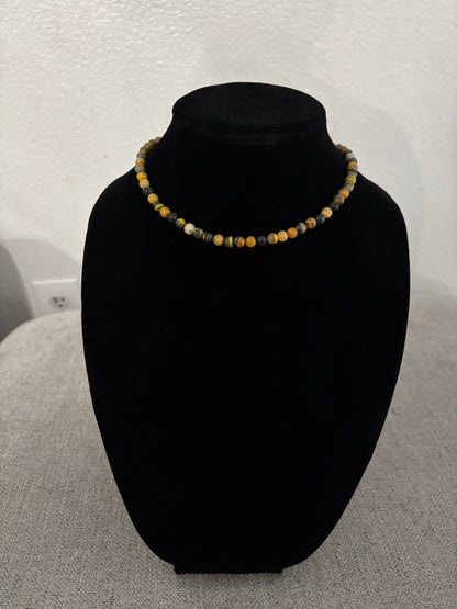 13” Bumblebee Jasper Beaded Necklace with Sterling Silver Pearl Ends