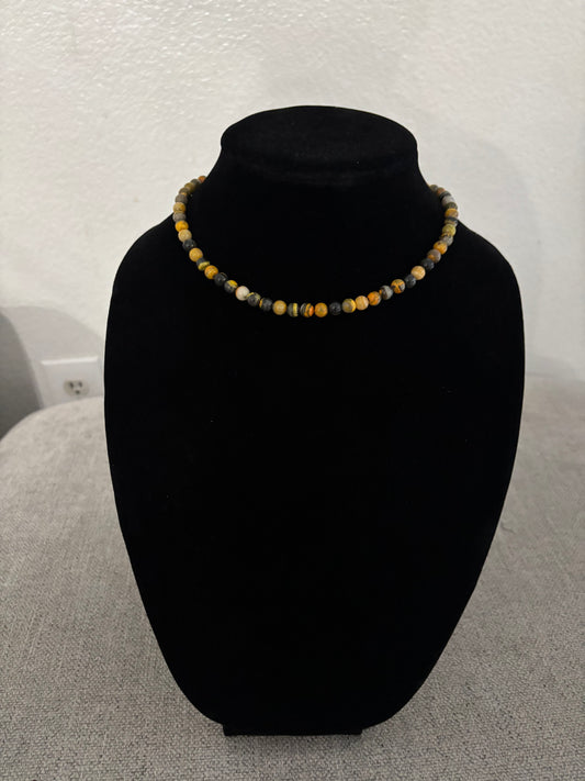 13” Bumblebee Jasper Beaded Necklace with Sterling Silver Pearl Ends