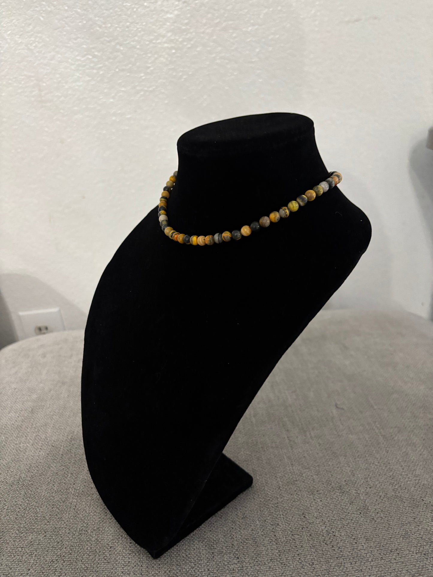 13” Bumblebee Jasper Beaded Necklace with Sterling Silver Pearl Ends