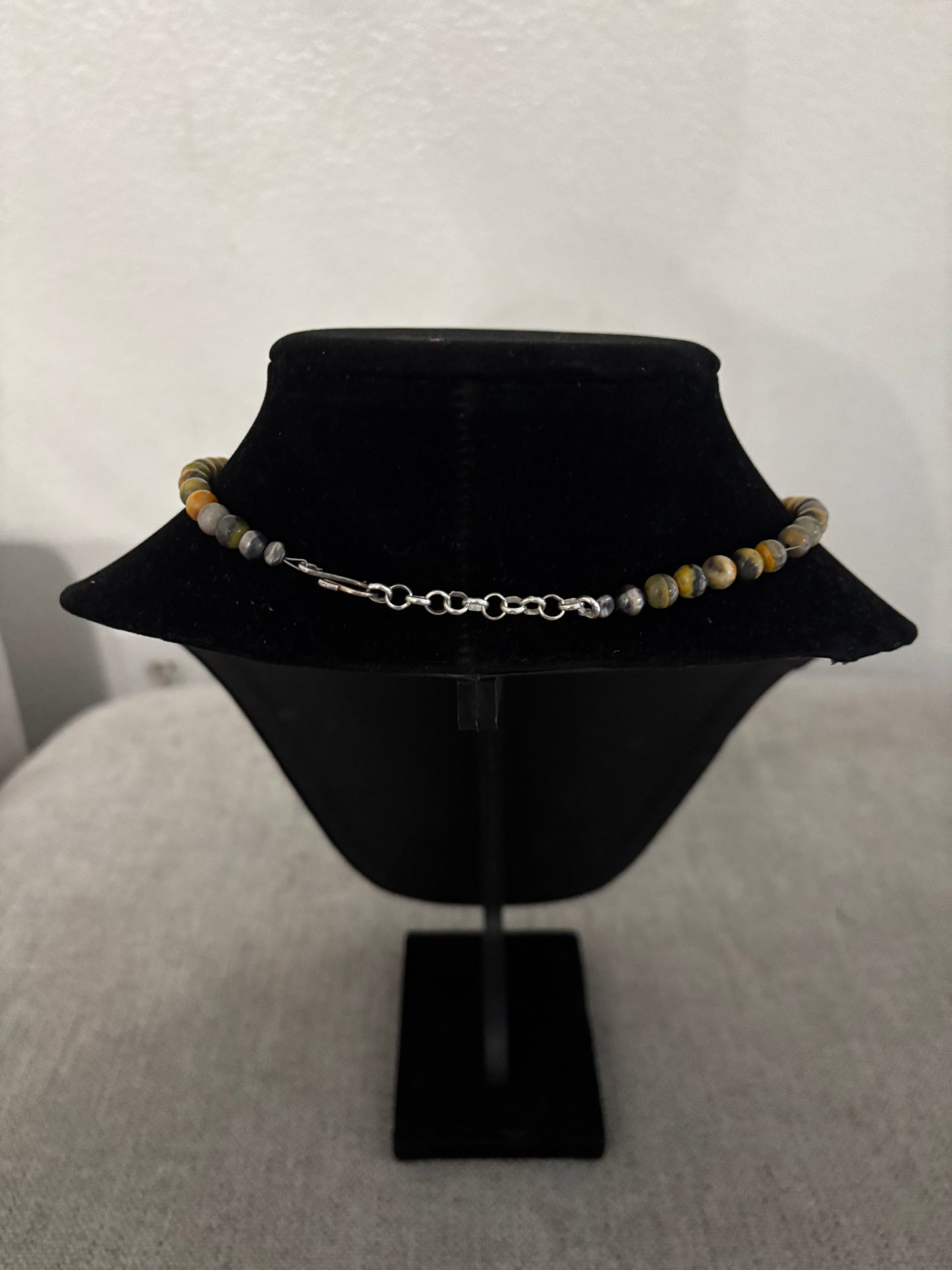 13” Bumblebee Jasper Beaded Necklace with Sterling Silver Pearl Ends