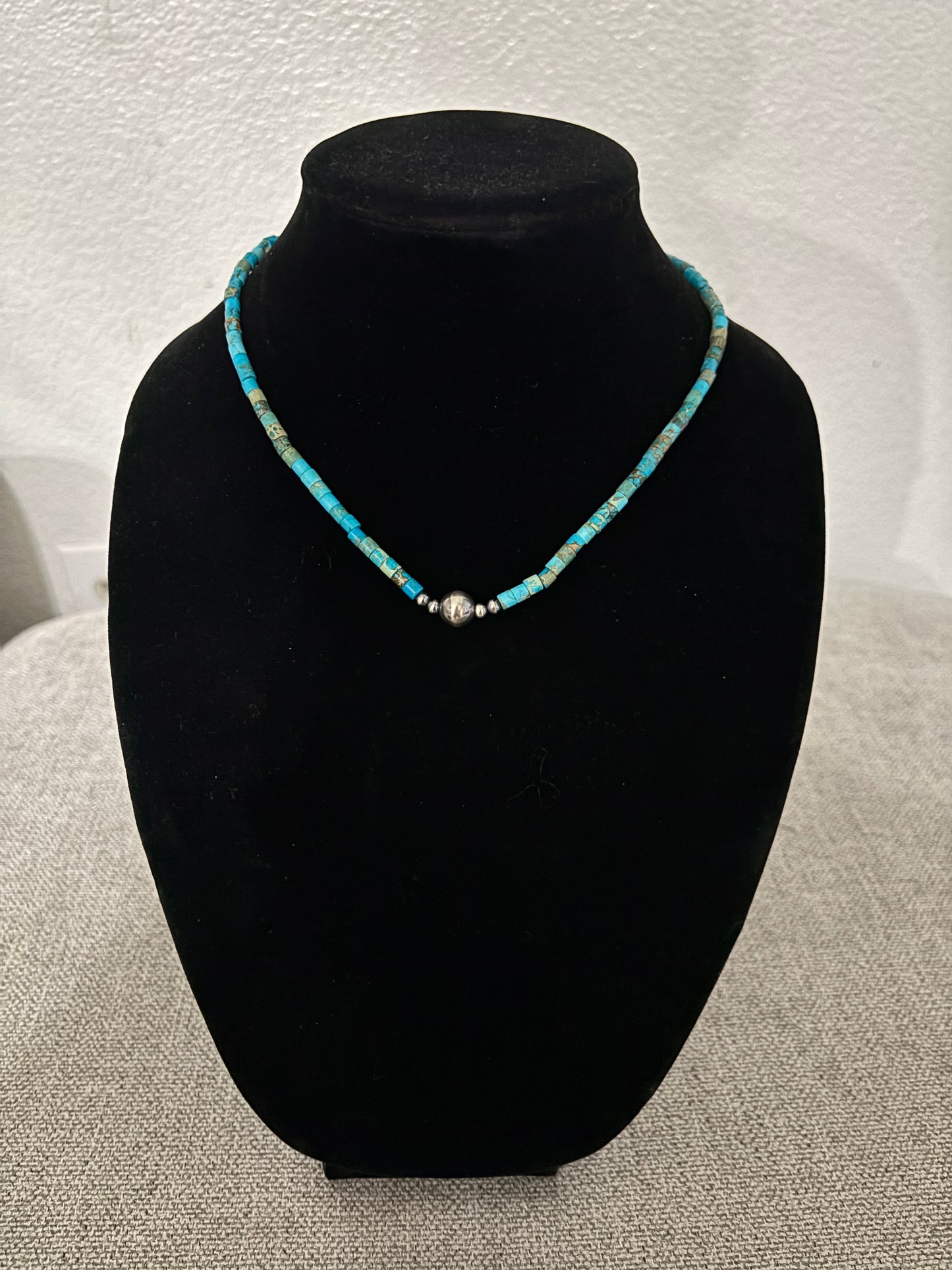 Campitos Turquoise Heishi Necklace with Sterling Silver Pearl Center – 16” (5mm Heishi + 8mm Center Bead)