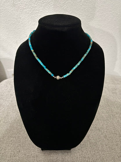 Campitos Turquoise Heishi Necklace with Sterling Silver Pearl Center – 16” (5mm Heishi + 8mm Center Bead)