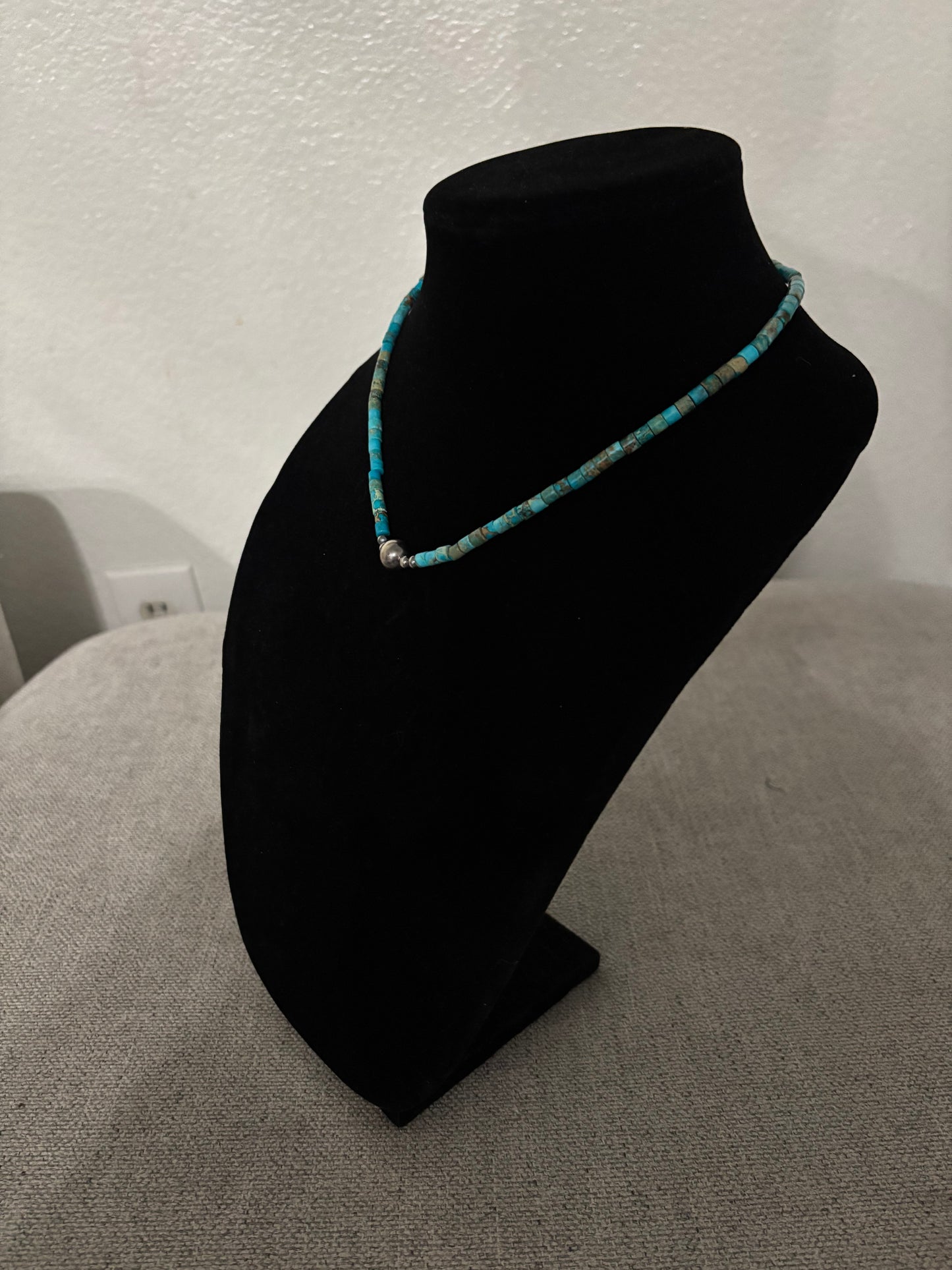 Campitos Turquoise Heishi Necklace with Sterling Silver Pearl Center – 16” (5mm Heishi + 8mm Center Bead)
