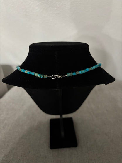 Campitos Turquoise Heishi Necklace with Sterling Silver Pearl Center – 16” (5mm Heishi + 8mm Center Bead)