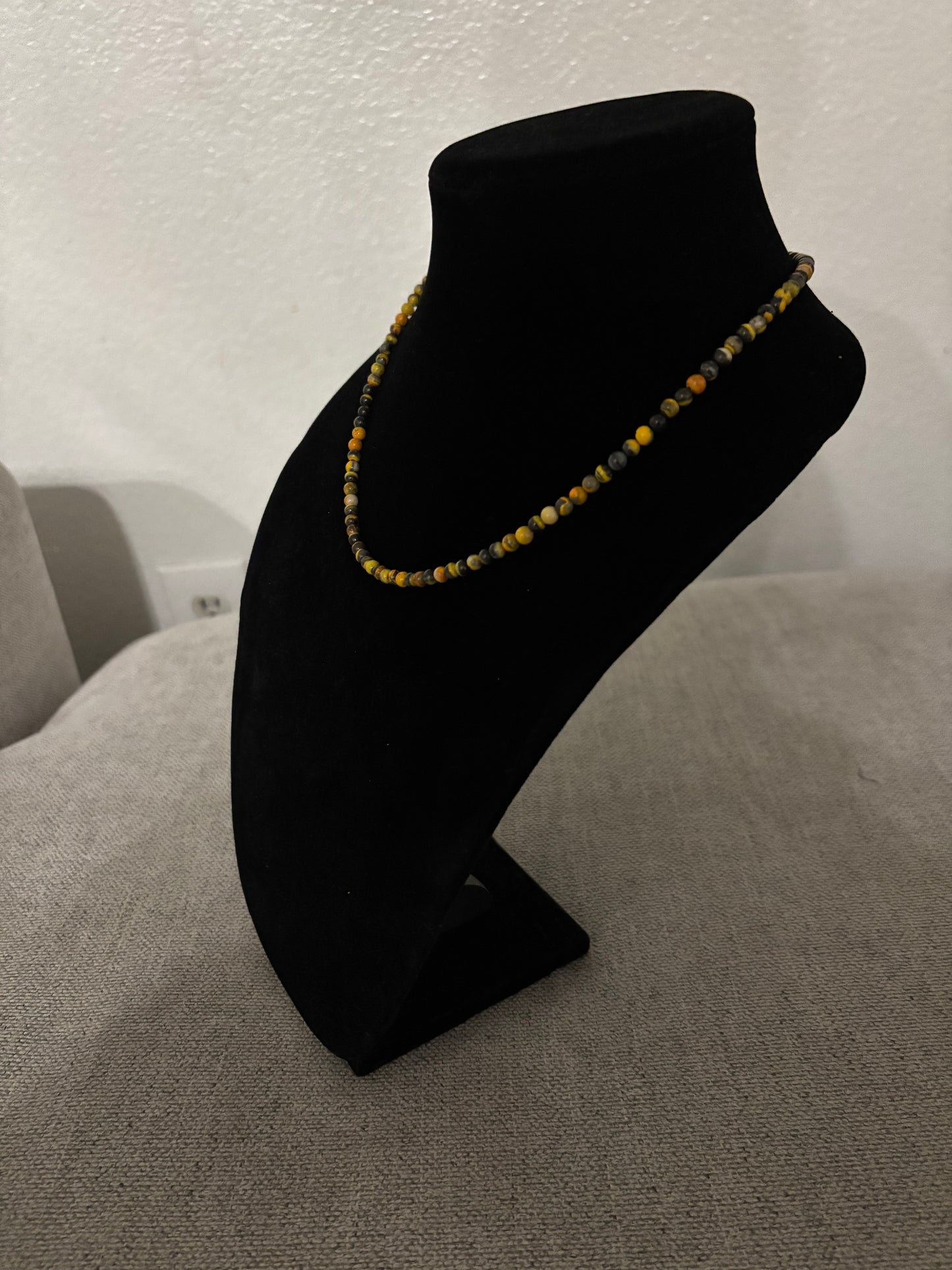 18” Round Bumblebee Jasper Necklace with Silver Pearl Ends – 5mm