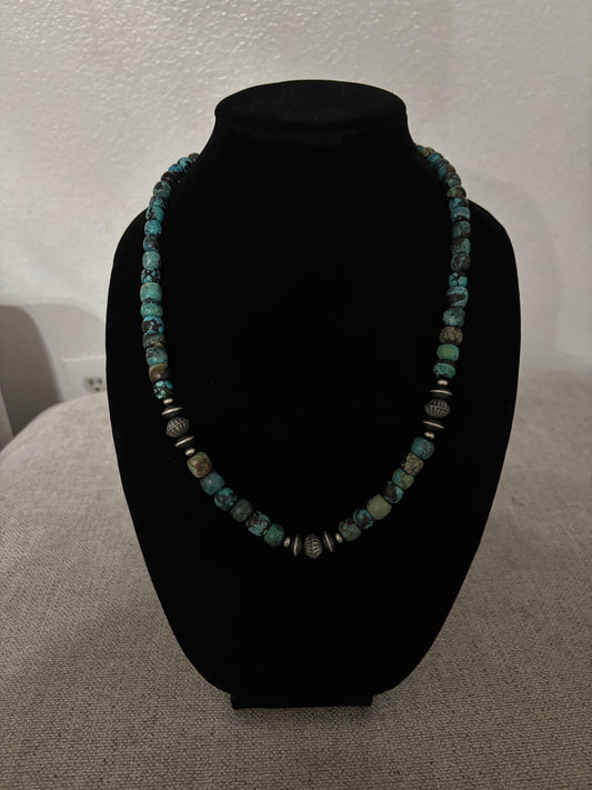 22” Cloud Mountain Turquoise Barrel Necklace with Navajo Pearls – 10mm