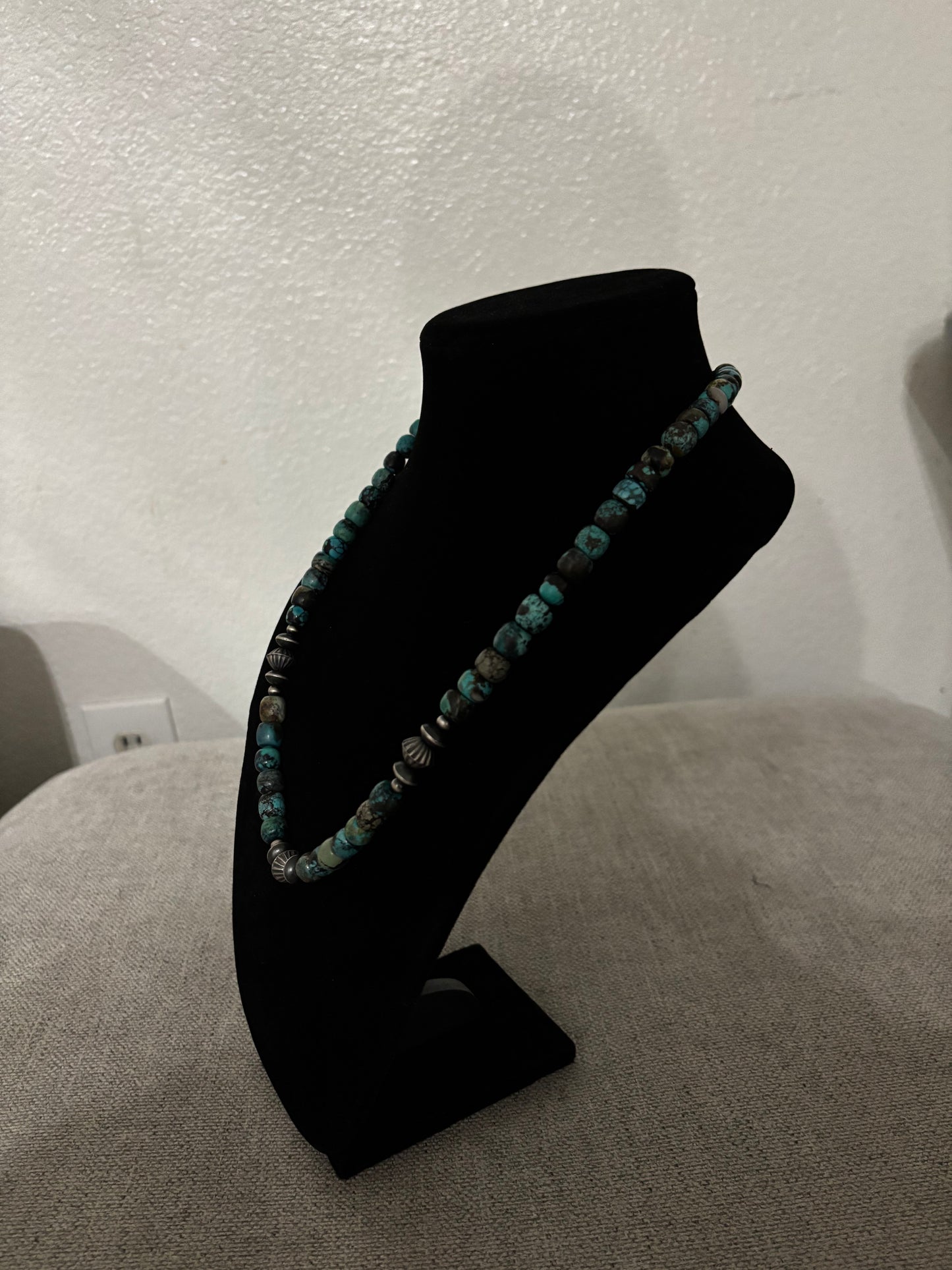 22” Cloud Mountain Turquoise Barrel Necklace with Navajo Pearls – 10mm