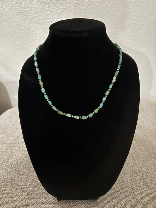 18” Fox Turquoise Nugget Necklace with Silver Pearl Spacers – 6mm