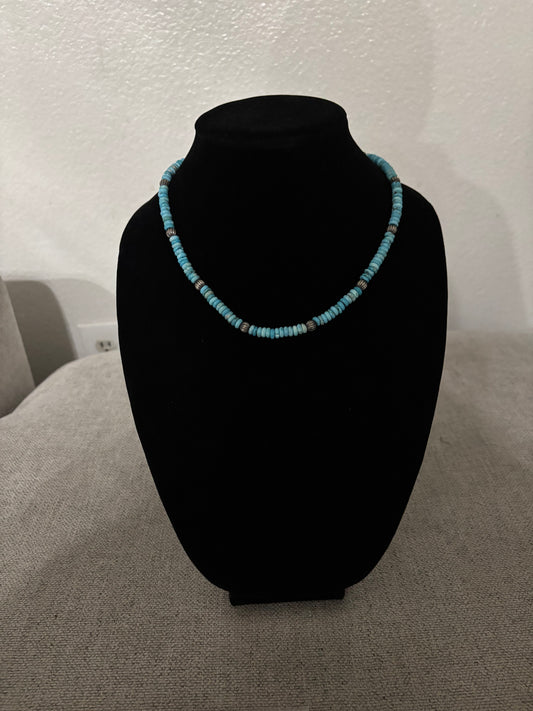 17” Lone Mountain Turquoise Rondelle Necklace with Navajo Pearls & Pumpkin Beads