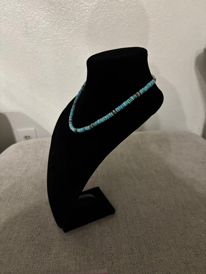 17” Lone Mountain Turquoise Rondelle Necklace with Navajo Pearls & Pumpkin Beads