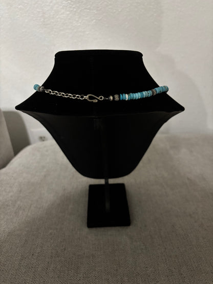 17” Lone Mountain Turquoise Rondelle Necklace with Navajo Pearls & Pumpkin Beads