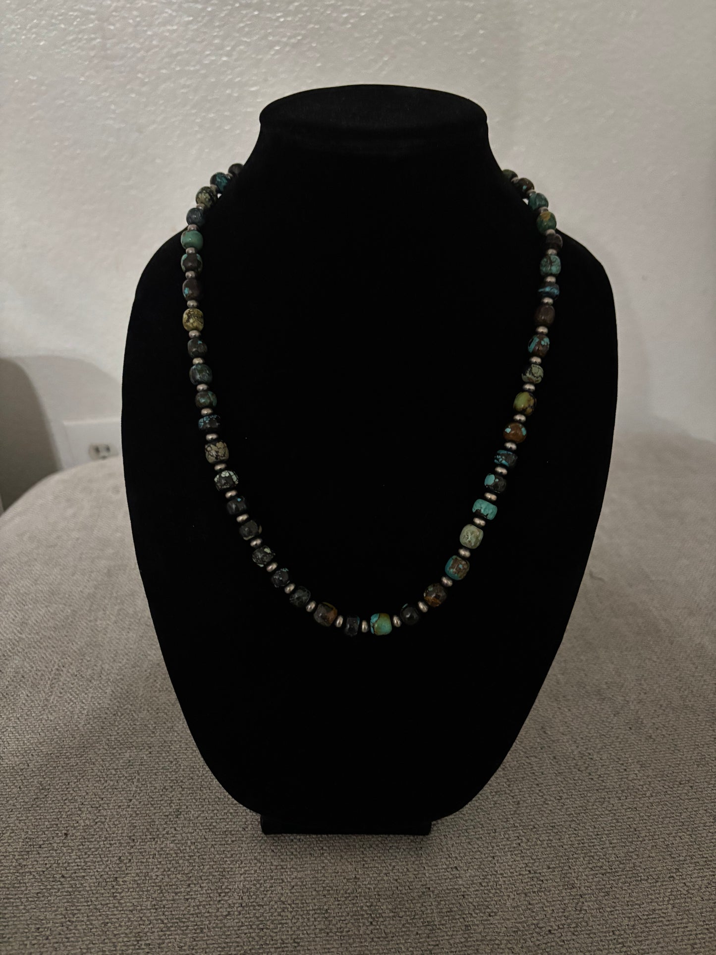 Cloud Mountain Turquoise Barrel Bead Necklace – 22” with Silver Pearl Spacers