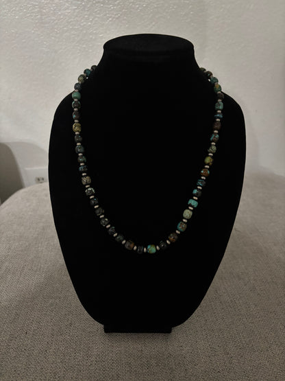 Cloud Mountain Turquoise Barrel Bead Necklace – 22” with Silver Pearl Spacers