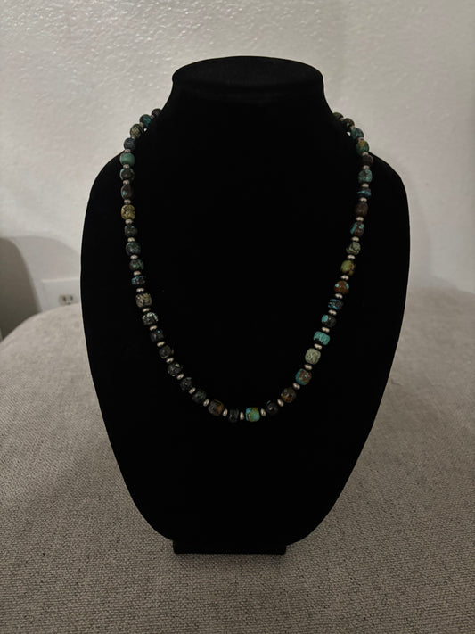 Cloud Mountain Turquoise Barrel Bead Necklace – 22” with Silver Pearl Spacers