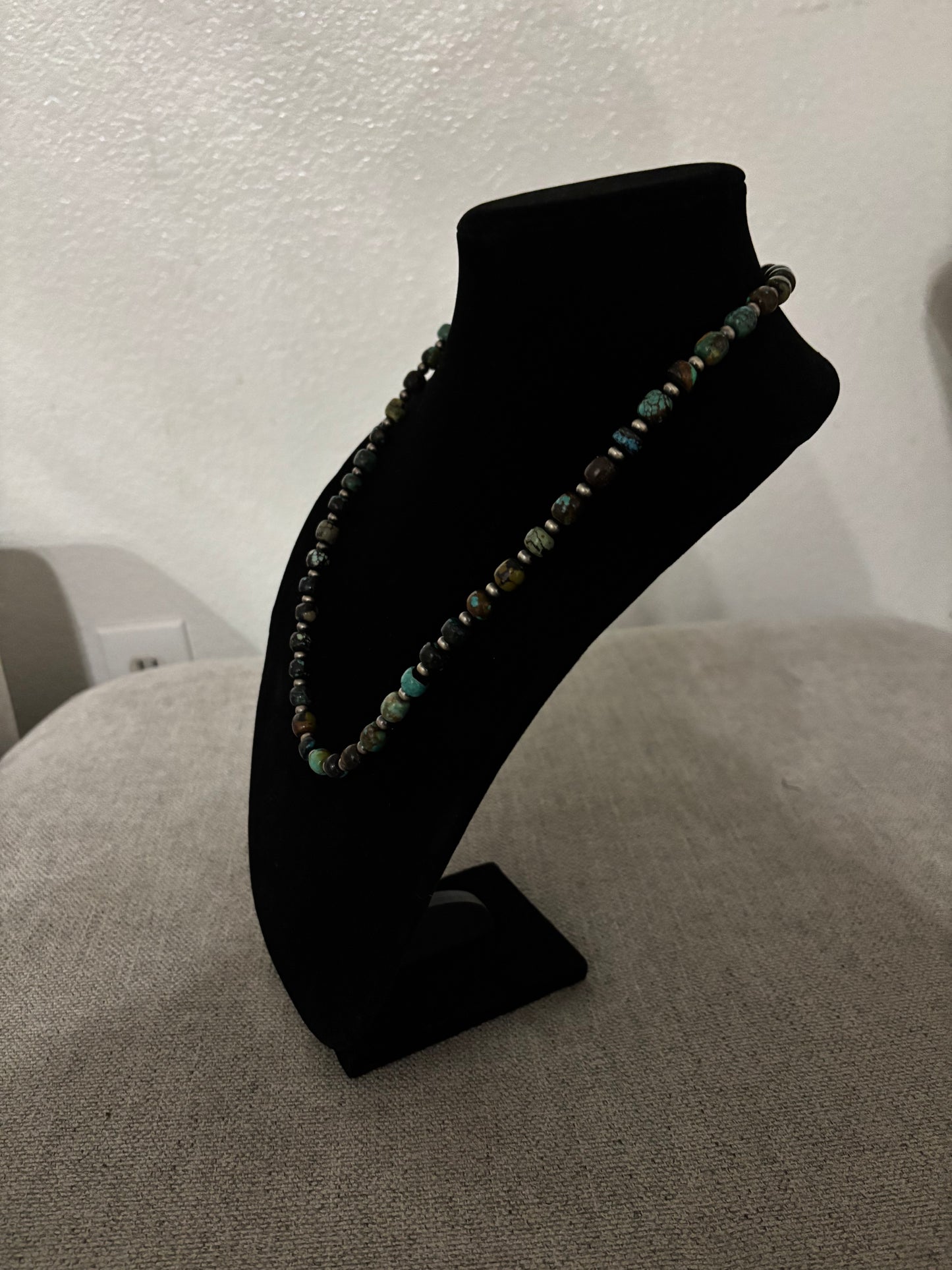 Cloud Mountain Turquoise Barrel Bead Necklace – 22” with Silver Pearl Spacers