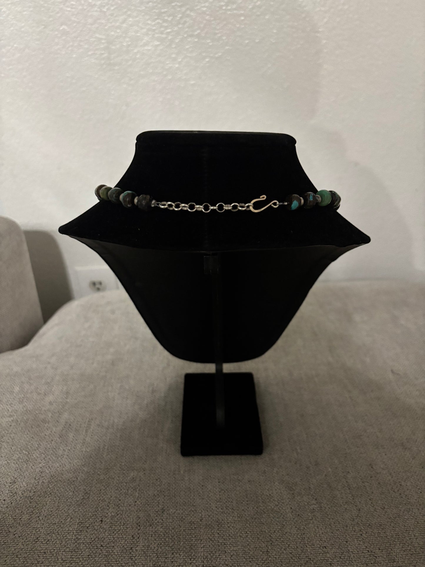 Cloud Mountain Turquoise Barrel Bead Necklace – 22” with Silver Pearl Spacers