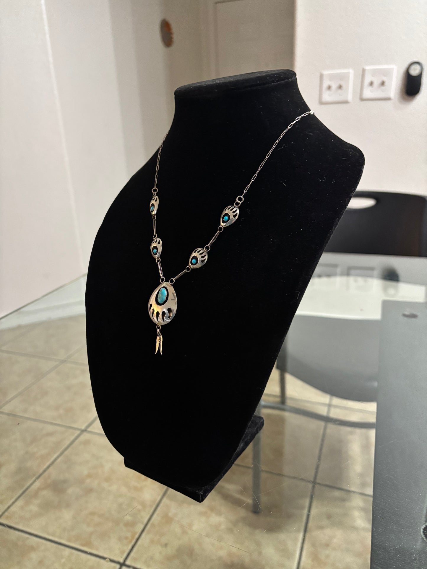 18” Vintage Bear Claw Shadow Box Necklace with Feather Detail