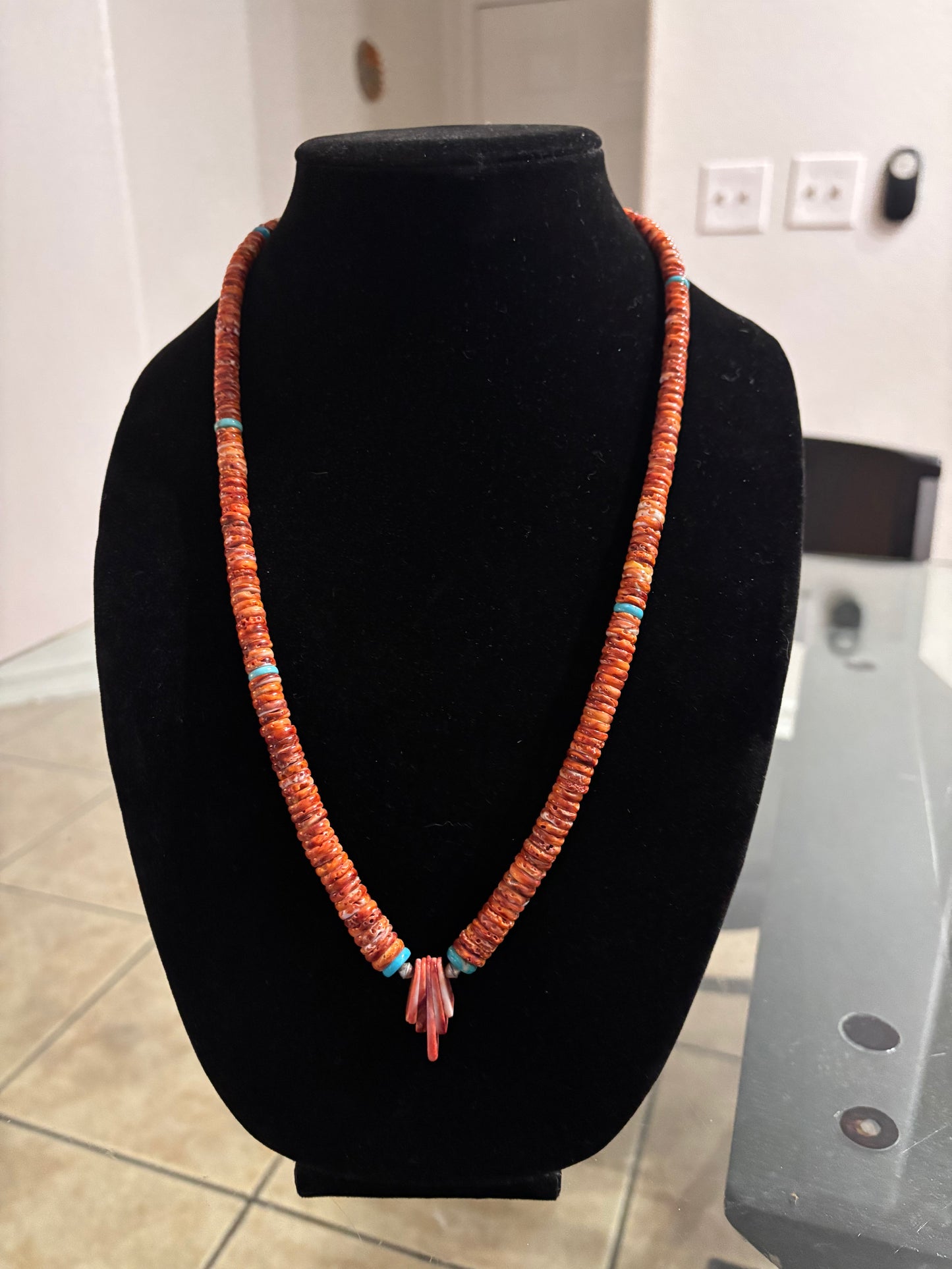 25” Graduated Orange Spiny Oyster Heishi Necklace with Turquoise Accents