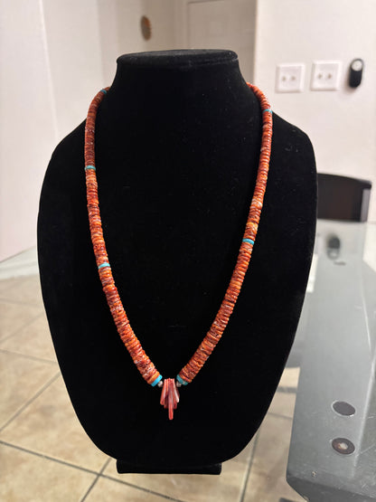 25” Graduated Orange Spiny Oyster Heishi Necklace with Turquoise Accents