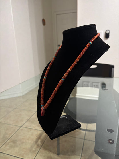 25” Graduated Orange Spiny Oyster Heishi Necklace with Turquoise Accents