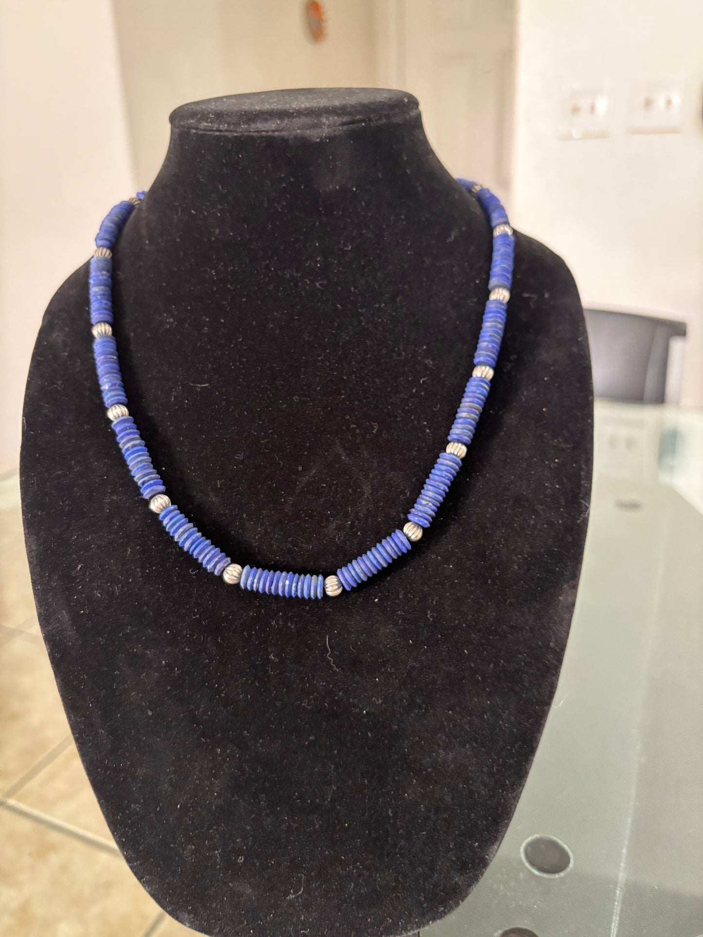 20” Lapis Lazuli Necklace with Sterling Silver Pumpkin Beads