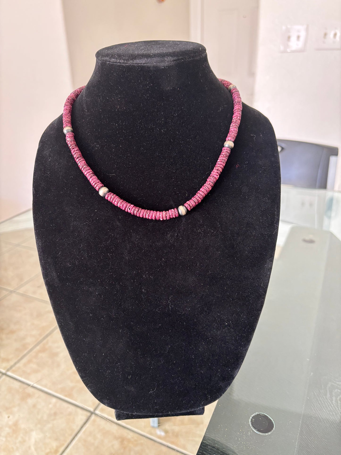 18” Purple Spiny Oyster Heishi Necklace with 8mm Silver Pearls