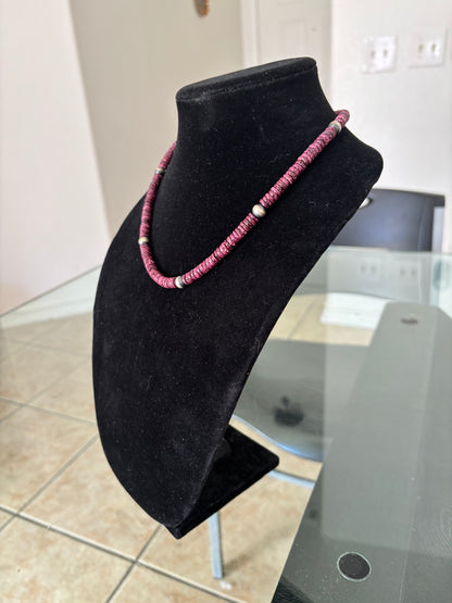 18” Purple Spiny Oyster Heishi Necklace with 8mm Silver Pearls