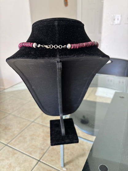 18” Purple Spiny Oyster Heishi Necklace with 8mm Silver Pearls