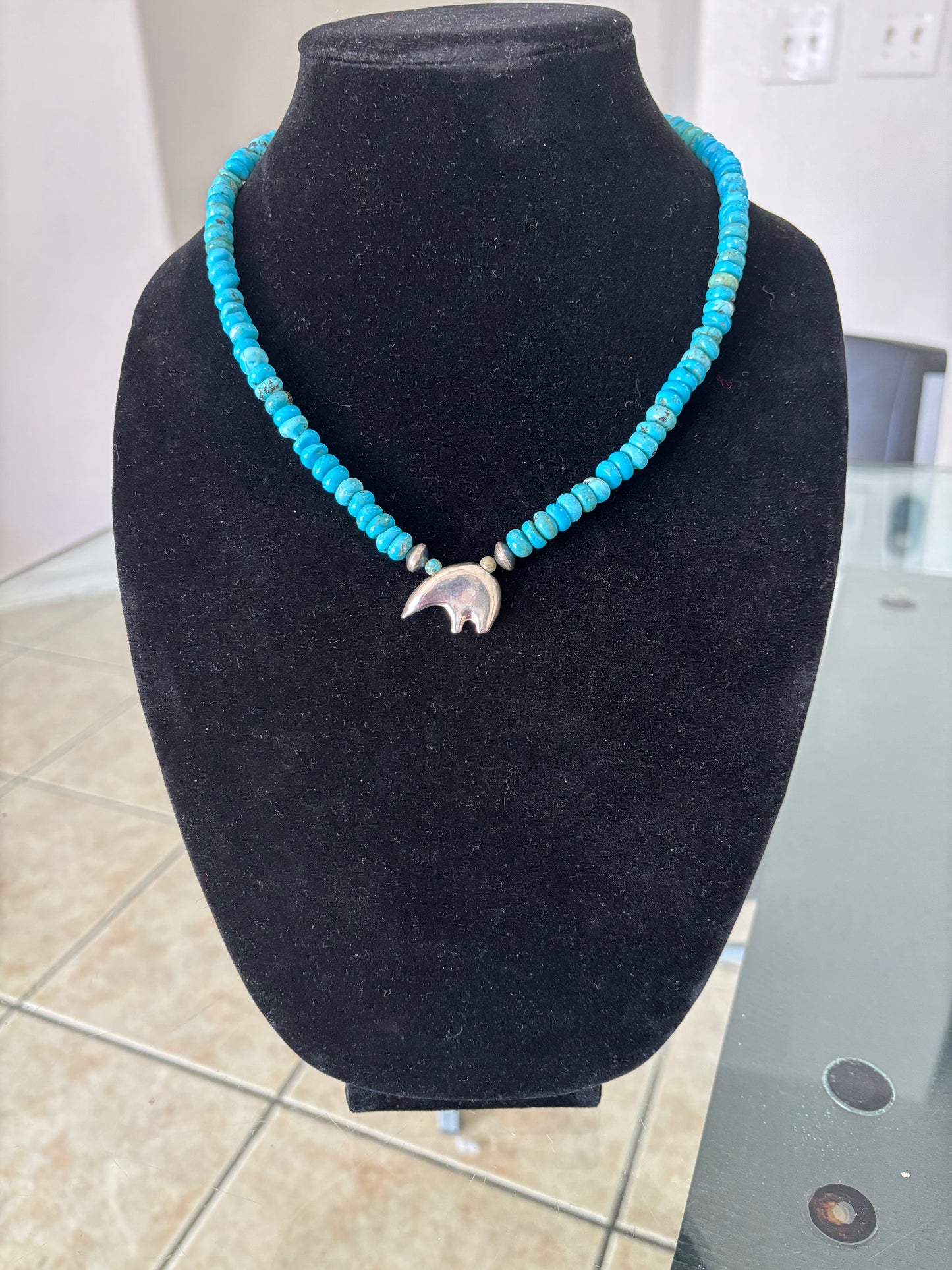18” Lone Mountain Turquoise Rondelle Necklace with Zuni Spirit Bear Fetish