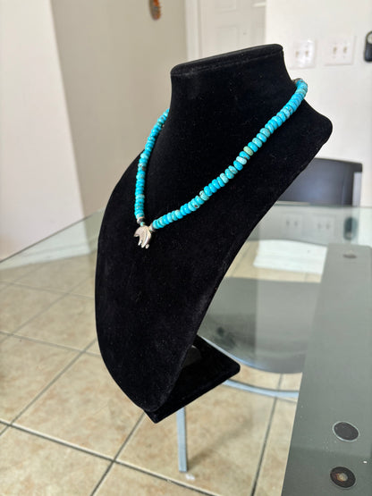 18” Lone Mountain Turquoise Rondelle Necklace with Zuni Spirit Bear Fetish