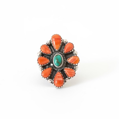 Spiny Oyster & Sonoran Gold Cluster Ring Adjustable by Sheila Tsosie