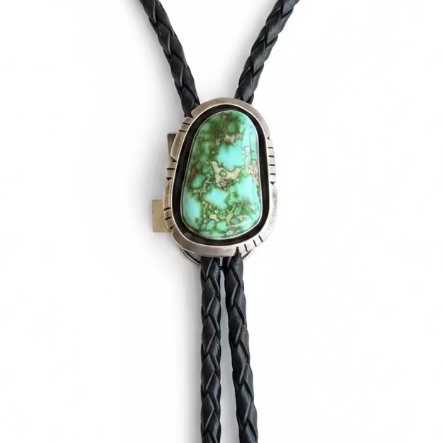 Bolo, freeform Sonoran Gold turquoise, file work bezel, LJ hallmark