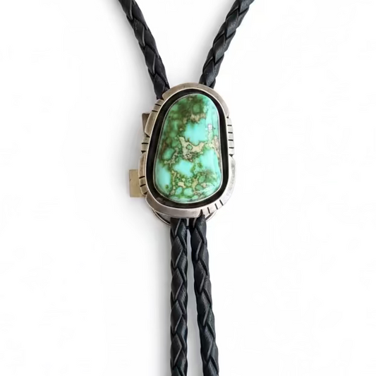 Bolo, freeform Sonoran Gold turquoise, file work bezel, LJ hallmark