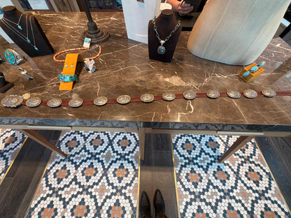 Concho belt, vintage, Repousse oval conchos, Eugene Charley